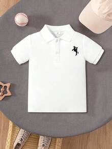 Young Boy Cotton Classic Fashion Knight Embroidery Solid Color Short Sleeve Polo Shirt, Suitable For Daily, School, Gathering And Group Activities - White - View 2