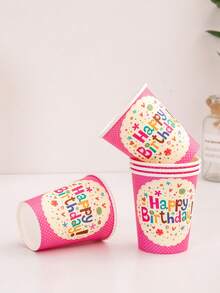 Conjunto de 10 copos descartáveis de papel com estampa de letras "Feliz Aniversário", ideais para até 10 convidados, perfeitos para festas, aniversários, encontros, acampamentos ao ar livre e atividades de integração de equipes. - Vermelho - Ver 3
