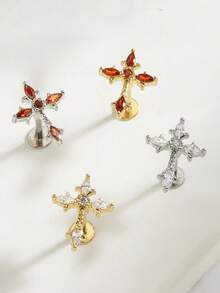 1pc Gothic Cross Diamond Stud Earrings, Suitable For Women's Daily Wear - Cross - View 1