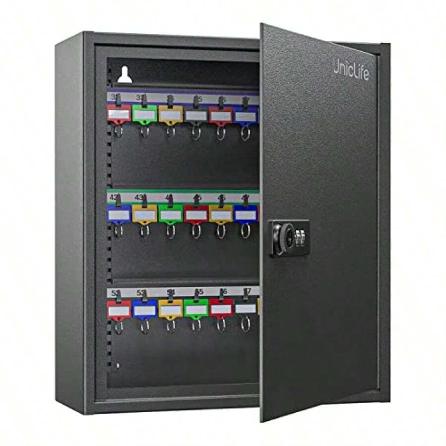Uniclife 60 Position Key Cabinet With Combination And Key Lock Resettable Black Digital Security Storage Box Key Organizer With Adjustable Racks Colorful Key Tag Labels And Hooks