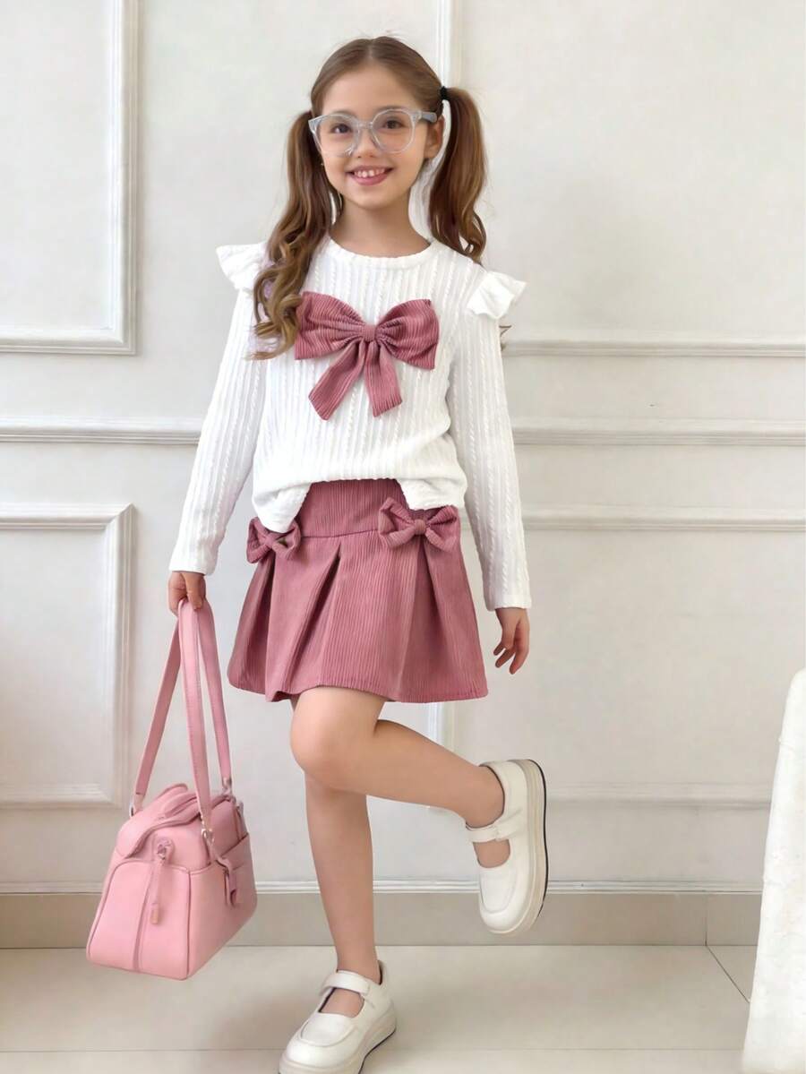 Girls' Sweet Bow Knit Set, White Ruffle Sleeve Top Paired With Pink Pleated Skirt, Adorable 2-Piece Outfit, Suitable For Young Girls - Dusty Pink - View 1