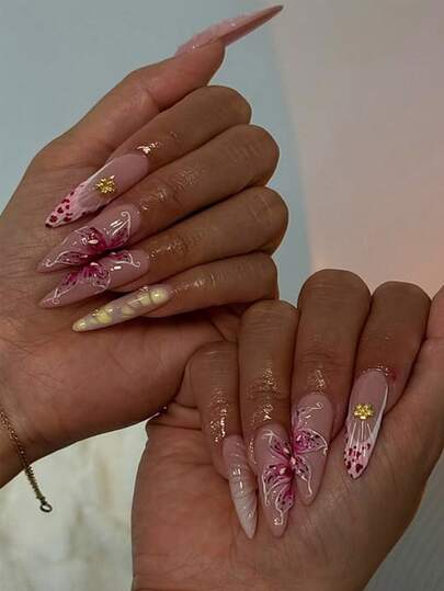 10pcs Luxury Handmade 3D Floral Nail Stickers, 3D Wave Pearl French Manicure Nail Decals, Women Daily Wear False Nails