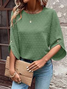 Women's Polka Dot Cutout Textured Mid-Sleeve Asymmetrical Cuff Decor Button Bohemian Style Loose Fit Round Neck Blouse - Green - View 5