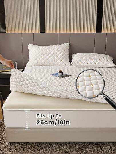 1件装六边拉链床垫保护套，刺绣绗缝床笠，适用于10英寸厚床垫，单人床、双人床、特大号床、大号床均可适用，透气静音，床罩，床笠，可机洗床垫套，低致敏性，高品质拉链床垫罩，理想的家居礼品，完美的节日礼物