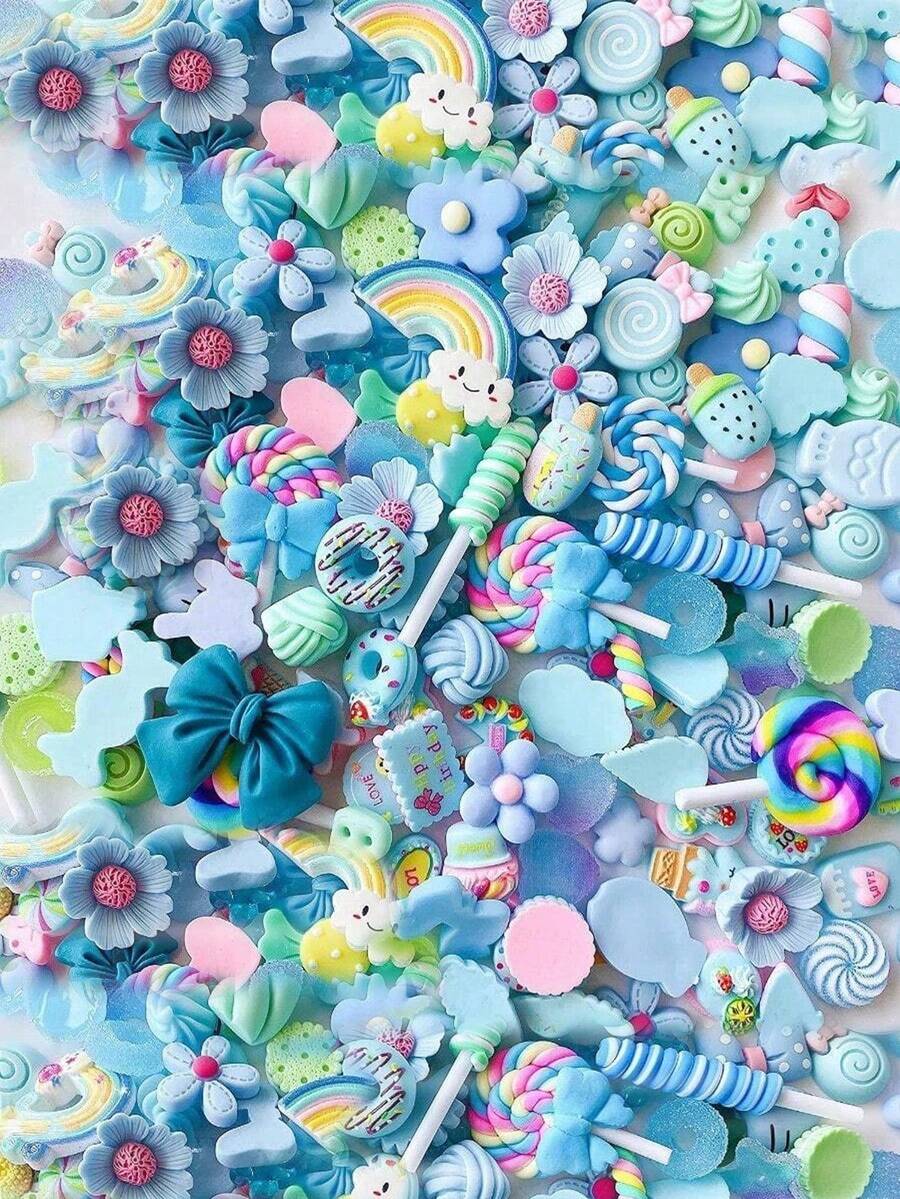 Bộ 20/50/60/100 mặt dây chuyền nhựa hỗn hợp dễ thương, trang trí ốp điện thoại mùa hè, bộ sản phẩm quyến rũ và đáng yêu, số lượng lớn đồ trang trí nhựa phẳng hỗn hợp màu xanh dương cho đồ thủ công DIY. - Nhiều màu - Xem 1