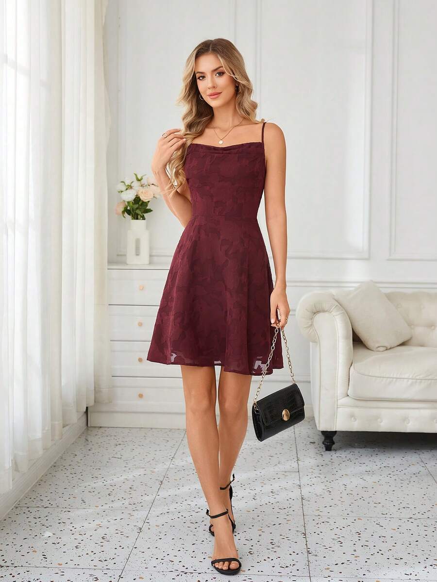 Wine Red Jacquard A-Line Elegant Spaghetti Strap Mini Dress Wedding
