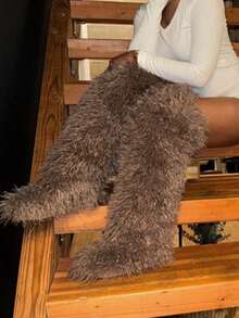 Women's Winter Knee High Boots Pull-On Faux Fur Round Toe Strap Boots For Women Comfy Plush Warm Outdoor Indoor Flat Shoes Punk Party Dressy Furry Fluffy Winter Autumn Fall Boots - 長款棕色 - 查看 2