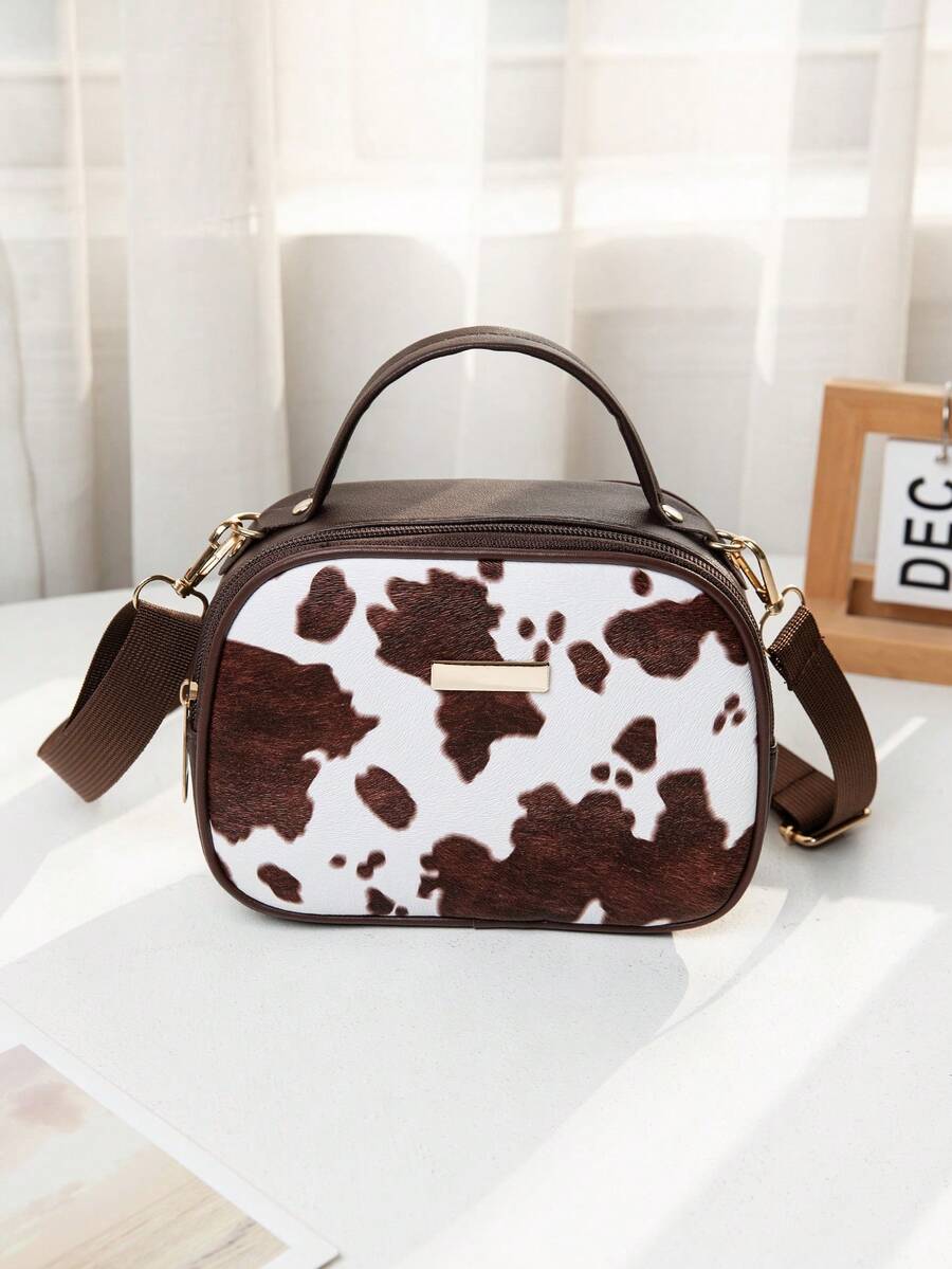 奶牛纹斜挎包，女士手提包，配有可调节肩带和提手，轻便休闲单肩包，适合女孩使用 - 咖啡 - 查看 1