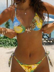Summer Vacation Random Leopard & Flower Print Metal Starfish Decor Halter Top & High Cut Bottom Bikini Set, Beach Vacation 2pcs/Set - Leopard - View 1
