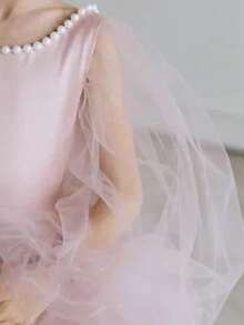 Tween Girl Deep V-Back Pearl Mesh Tulle Valentine's Day Party Princess Dress, Suitable For Teenage Girls Birthday Party, Flower Girl, Wedding, Prom, Holiday Occasion - Pink - View 4