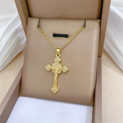 1pc Vintage Elegant Holy Cross Copper Pendant Necklace With Sparkling Zirconia Stainless Steel Chain - For Daily Wear, Themed Parties, Blessing & Prayer, Jewelry Gift For Family, Friends, Lover On Birthday, Holiday, Anniversary