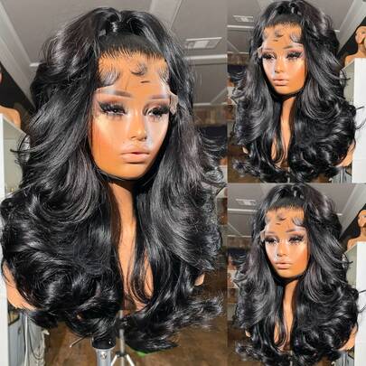 ZHUICHAO 34英寸自然黑混色真人发假发，13x4高清透明波浪蕾丝前假发，预先拔毛并漂白，女士款