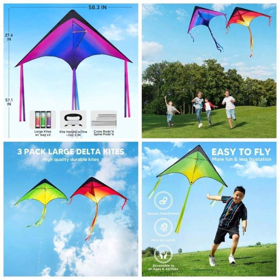 - Paquete mltiple de cometa naranja, verde y morado, fcil de volar, cometas enormes para nios y adultos con cuerda de cometa de 280 pies, cometa Beach para juegos y actividades al aire ltima intervensin 1/2/3 paquetes - Verde/Morado/Naranja - Ver 1