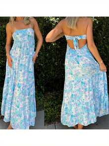 Women Casual Strapless Dress Summer Floral Print Tie Up Backless Long A-Line Dress For Cocktail Party Beach Streetwear - Màu xanh lam - Xem 4