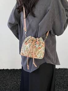 新款中国风单肩包，书法单肩包，复古印花水桶包，女士休闲时尚手提包，春季托特包 - 彩色 - 查看 3