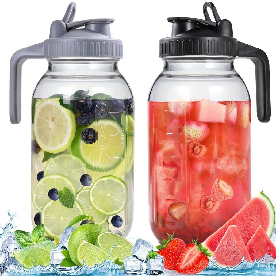 Glass Pitchers With Lid, Set Of 2, 64oz Leak-Proof Airtight Mason Jars For Fridge, Wide Mouth Water Jugs For Cold Brew Coffee, Iced Tea, Milk, Food Storage, Sun Tea Jar (Black+Gray). - 透明 - 查看 1