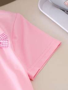 2pcs/Set Toddler Girls' Cute Casual Plaid Bow Round Neck T-Shirt And Denim Skirt Set, Summer - Pink - View 5