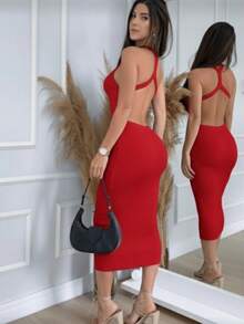 CROSS BACK MIDI DRESS IN MODAL KNIT - Red - View 1