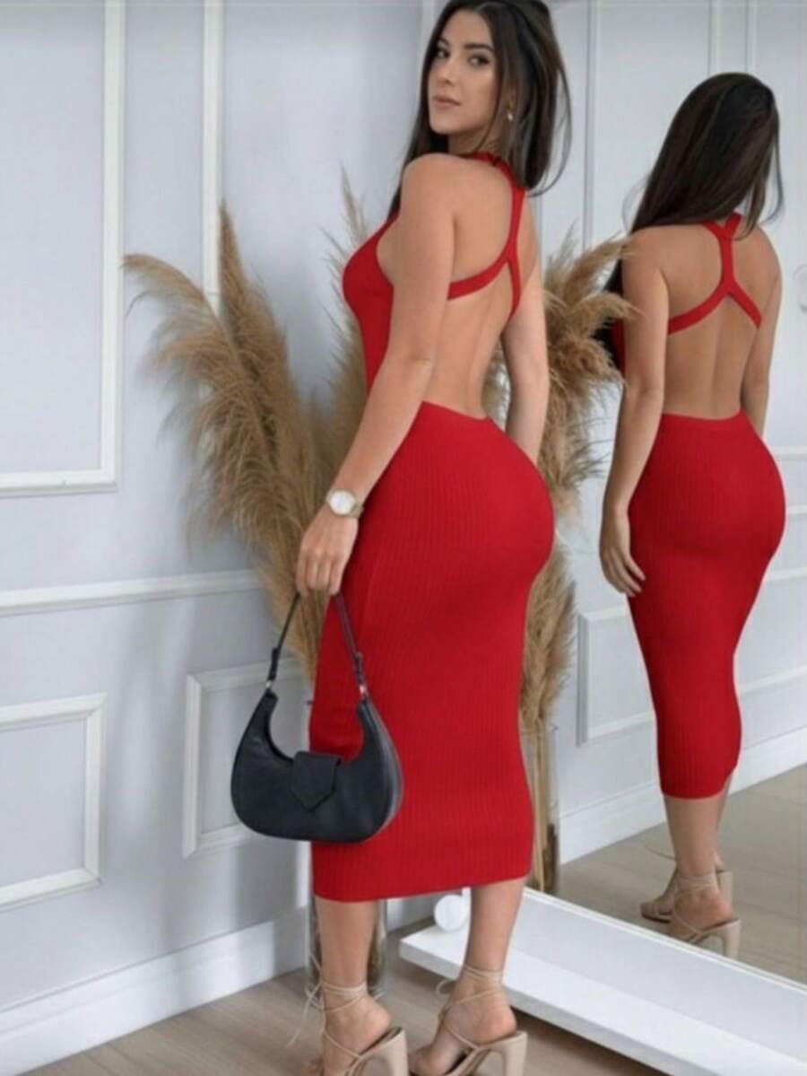 CROSS BACK MIDI DRESS IN MODAL KNIT - Red - View 1