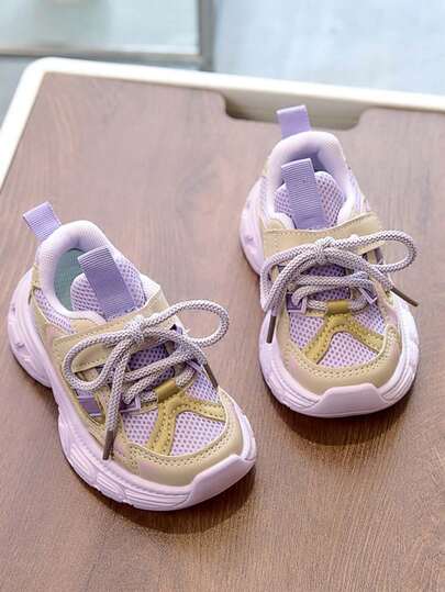 1 Pair New Colorblock Breathable Mesh Kids Sports Shoes, Unisex Lightweight Casual Retro Chunky Sneakers, Anti-Slip Soft Comfortable Toddler Walking Shoes Suitable For Indoor/Outdoor, School, Sports, All Seasons