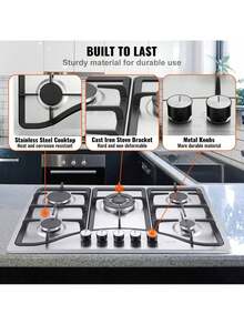 30-Inch Gas Cooktop, 5 Burners Built-In Gas Stove Top, Max 12250BTU NG/LPG Convertible Stainless Steel Natural Gas Hob, With Thermocouple Protection For Camping, RV, Apartment - Argento - Visualizzare 5