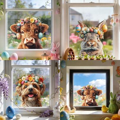 1pc Easter Window Static Cling Sticker, Featuring A Cute Scottish Highland Cow And Easter Egg Design, Suitable For Glass Doors And Windows, Home Decor, Living Room And Bedroom Decoration. Made Of Vinyl Material, Removable And Waterproof.