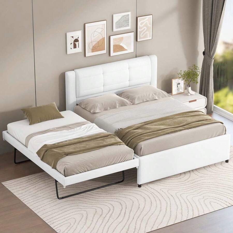 MERAX Full Size Upholstery Platform Bed With Trundle,Trundle Can Be Flat Or Erected - 米色 - 查看 1