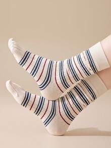 yuluan 1 Pair Women's Cotton Stripe Mid-Calf Socks, Breathable Moisture-Wicking Odor-Resistant Five Finger Socks, Elastic & Seamless, Multi-Color, Suitable For Spring, Summer, Autumn - Multicolor - View 10