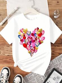 Women's Colorful Heart Print T-Shirt, Fashionable Valentine's Day Casual Top - trắng - Xem 3