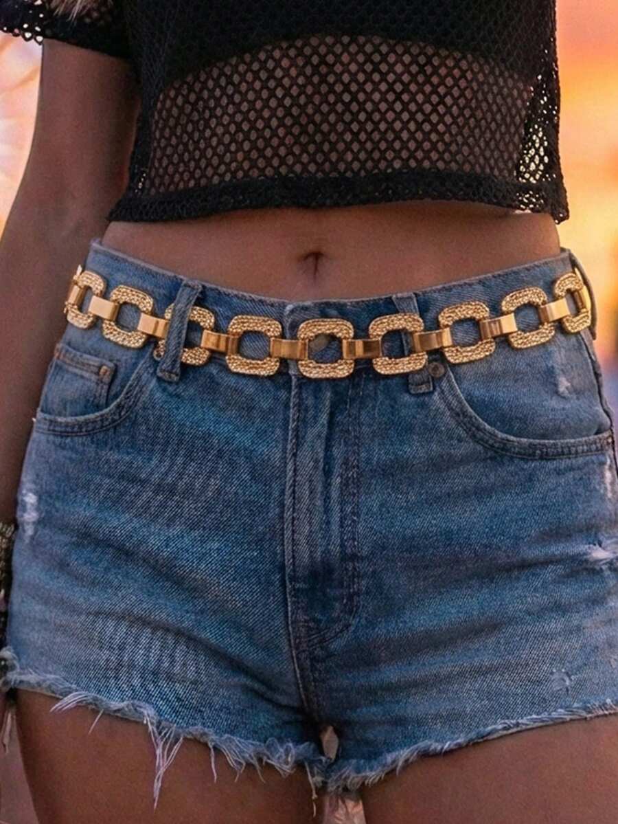 1 pieza Cadena de cintura vintage bohemia con patrón floral cuadrado y ovalado en dorado, accesorio de joyería corporal de moda para mujer, elegante para vestidos, adecuado para playa de verano, uso casual - Dorado - Ver 1