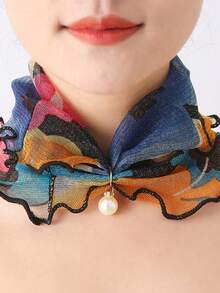 1pc Faux Pearl Pendant Scarf Necklace, Lace Collar Chiffon False Collar - Black and White - View 5