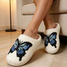 Women's Lounge Slippers, Indoor Slippers, Butterfly Embroidered Plush Slippers, Warm And Fleece-Lined, Perfect For Valentine's Day Gifts, Machine Washable. - 藍色 - 查看 2