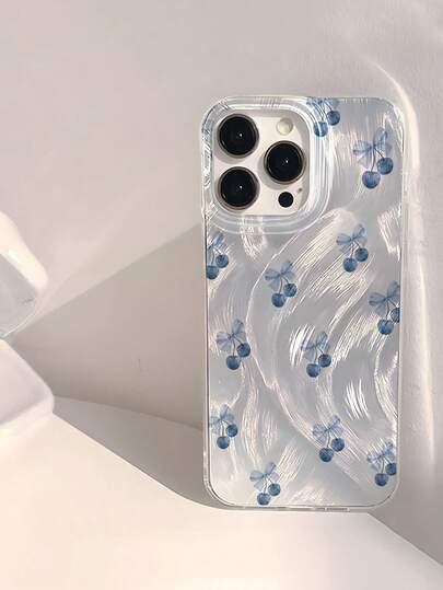 1 pièce Nouvelle étui de téléphone style INS avec motif de cerise à l'aquarelle bleue et nœud, compatible avec Apple 17 Pro Max/17 Air/16 Pro Max/15/14 Plus/13/12/11/XR/XS MAX/7/8 Plus