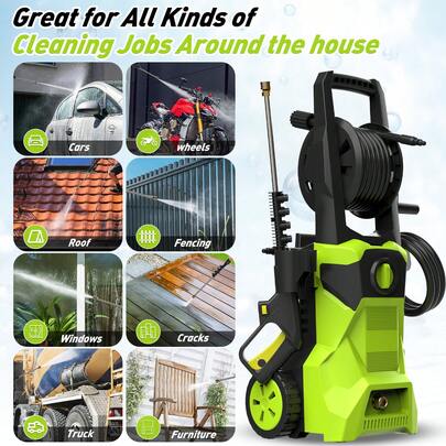 1500W Pressure Washer, Portable Power Washer Withand Foam Cannon, 4 Quick Connect Nozzles, With 52ft Hose Reel, 1.25 Max GPM, High Pressure Cleaning Machine For Car Fence Driveway Patio Washing And More