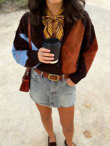 女士V领撞色菱形图案开衫毛衣，秋冬款 - 彩色 - 查看 7