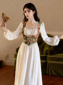 فستان رسمي بقصة قصر 2 في 1 لتنحيف الخصر، فستان أبيض طويل الأكمام بطراز فرنسي قديم، مناسب للمضيفات والدراما والعروض والرقص على المسرح - متعدد الألوان - مشاهدة 5