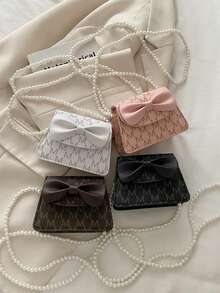 1pc Young Girl Casual Fashion Bow Quilted Pearl Chain Crossbody Bag, Suitable For Daily Use - 5011# - View 2