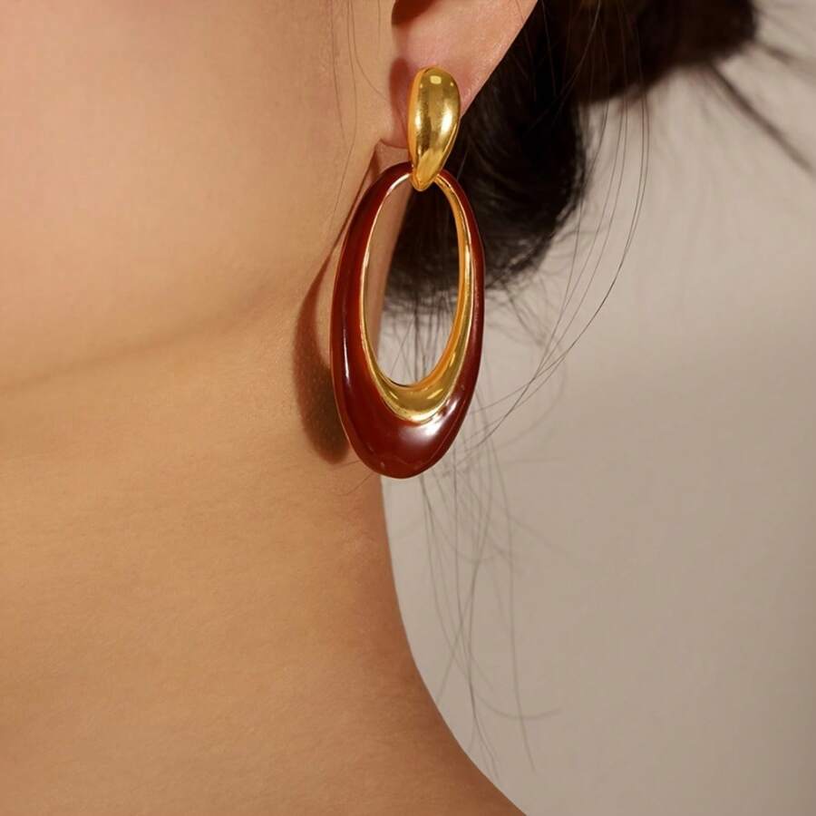 Elegant Bohemian Style Burgundy Glossy Gold-Tone Oval Hoop Drop Earrings - Vintage Bold Light Luxury Style,Upgraded High-Quality Stylish Premium Women's Earrings - Versatile Accessory For Daily Wear/Commute/Dates/Weddings/Vacations, Perfect Holiday Gift For Girlfriends, Moms, Besties And Sisters - 酒紅色 - 查看 1
