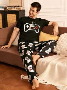 Men's Printed Short Sleeve Pajama Set, Summer Home Wear - Black - View 1