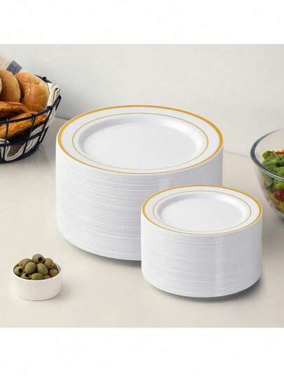 7,5 tum/10,25 tum vita runda tallrikar med guldkant, lämpliga för servering av frukt och sallader, återanvändbara och enkla att rengöra - perfekt för bröllop, fester, banketter, alla hjärtans dag, jul, bankettporslin, festtallrikar, högtidsdesign, modernt porslin, lätt att rengöra, serveringsfat, catering och festvärdskap