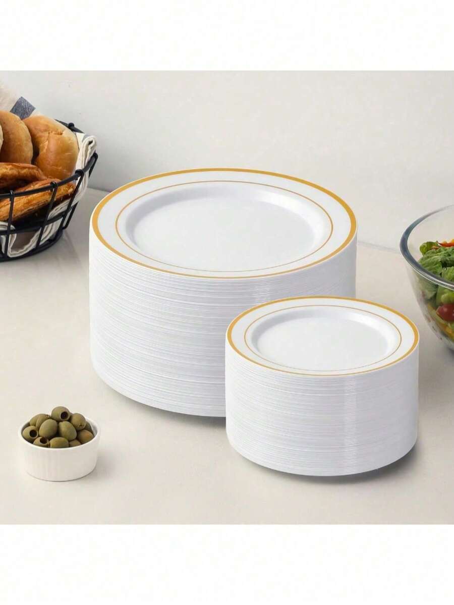 7.5inch/10.25inch White Round Gold Rim Plates, Suitable For Serving Fruits And Salads, Reusable And Easy To Clean - Ideal For Weddings, Parties, Banquets, Valentine's Day, Christmas, Banquet Tableware, Party Plates, Holiday Design, Fashionable Dinnerware, Easy To Clean, Serving Platters, Catering And Party Hosting - Gold - View 1