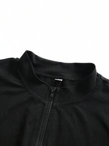 女士黑色纯色立领长袖连体裤，秋季时尚，修身性感风格，街头风，Y2K复古风，早春/秋季必备单品 - 黑色 - 查看 3