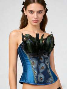 1 件女士优雅孔雀印花束身衣腰带 - 复古蕾丝、海军蓝缎子、幽默万圣节服装 - 彩色 - 查看 10