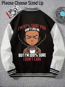(Choose Sized Up)Unisex Casual Baseball Jacket Print With The Boondocks Anime-Inspired Design Graphic, Playful Design, Suitable For All Seasons, Street Style, Outdoor And Fashionable Men'S Wear, Color Block, Long Sleeve With Button-Up Front, Cozy Clothing, Machine Washable,For Fall Winter |School Outfit, Streetwear Fashion, Durable Material - 黑色-1 - 查看 1