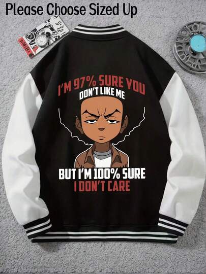 (Choose Sized Up)Unisex Casual Baseball Jacket Print With The Boondocks Anime-Inspired Design Graphic, Playful Design, Suitable For All Seasons, Street Style, Outdoor And Fashionable Men'S Wear, Color Block, Long Sleeve With Button-Up Front, Cozy Clothing, Machine Washable,For Fall Winter |School Outfit, Streetwear Fashion, Durable Material