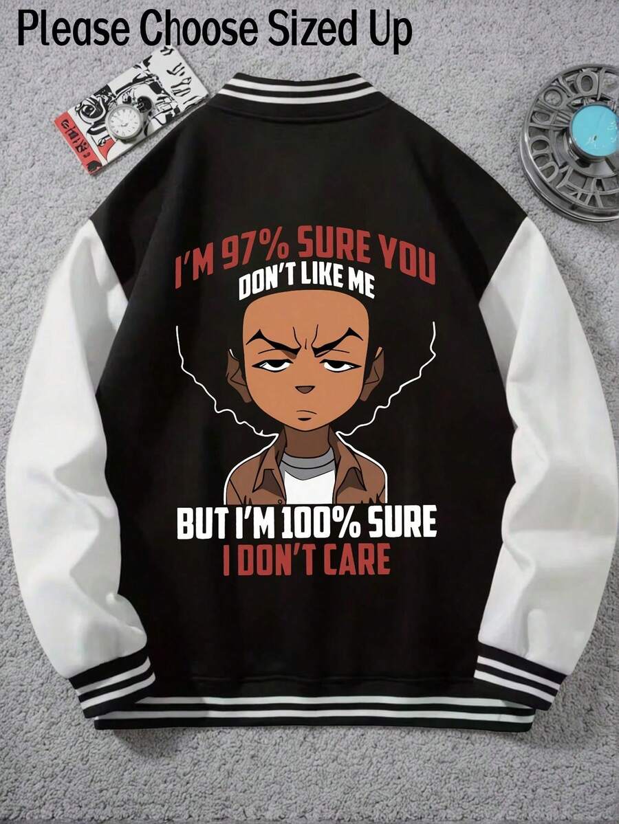 (Choose Sized Up)Unisex Casual Baseball Jacket Print With The Boondocks Anime-Inspired Design Graphic, Playful Design, Suitable For All Seasons, Street Style, Outdoor And Fashionable Men'S Wear, Color Block, Long Sleeve With Button-Up Front, Cozy Clothing, Machine Washable,For Fall Winter |School Outfit, Streetwear Fashion, Durable Material - 黑色-1 - 查看 1