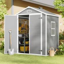 Asofer 6x4.4 Outdoor Furniture Outdoor Resin Storage Shed With Foundation, Waterproof Outside Sheds Storage With Floor Window Lockable Door Included, Plastic Sheds For Garden Herramientas Tools Storage In Backyard, Patio, Lawn,Outdoor Decor - Xám - Xem 1