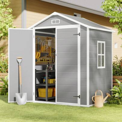 6x4.4 Outdoor Furniture Outdoor Resin Storage Shed With Foundation, Waterproof Outside Sheds Storage With Floor Window Lockable Door Included, Plastic Sheds For Garden Herramientas Tools Storage In Backyard, Patio, Lawn,Outdoor Decor