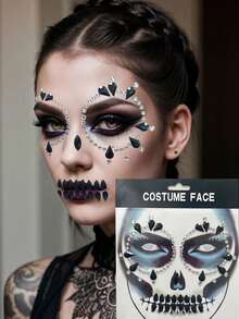 (1 Sheet) Black & White Diamond Face Stickers, Suitable For Carnival Parties, Masquerade Balls, Music Festivals, Halloween, Etc. These Shimmering Gem Eye Face Rhinestone Stickers Feature Round And Teardrop Arrangements, Are Waterproof And Durable, And Are Personalized Self-Adhesive Diamond Stickers. - Black and White - View 1