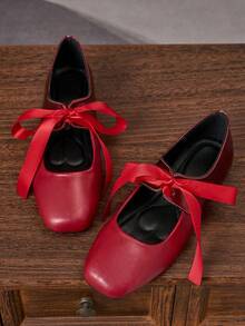 女士时尚红色方头套脚鞋，适合通勤、办公、派对、约会、婚礼、新年、情人节等场合，四季皆宜的休闲百搭鞋款，优雅低跟，春季新品，系带蝴蝶结装饰 - 紅色 - 查看 2